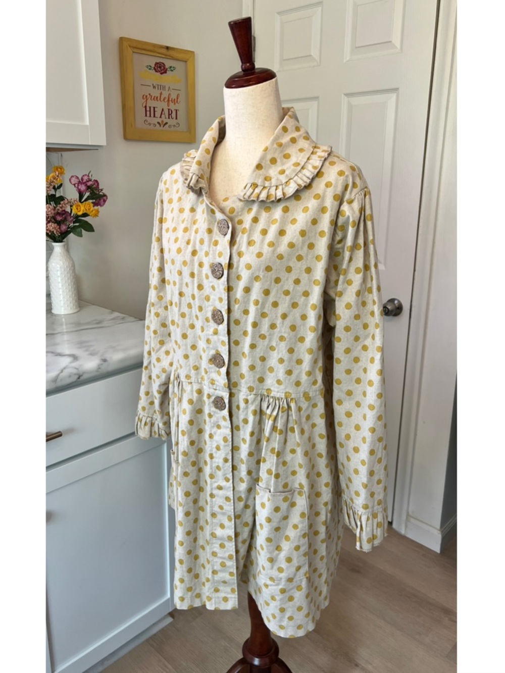 XL Farmhouse Frocks Cottagecore Cotton Polka Dot Frilly Pleated Feminine Shacket